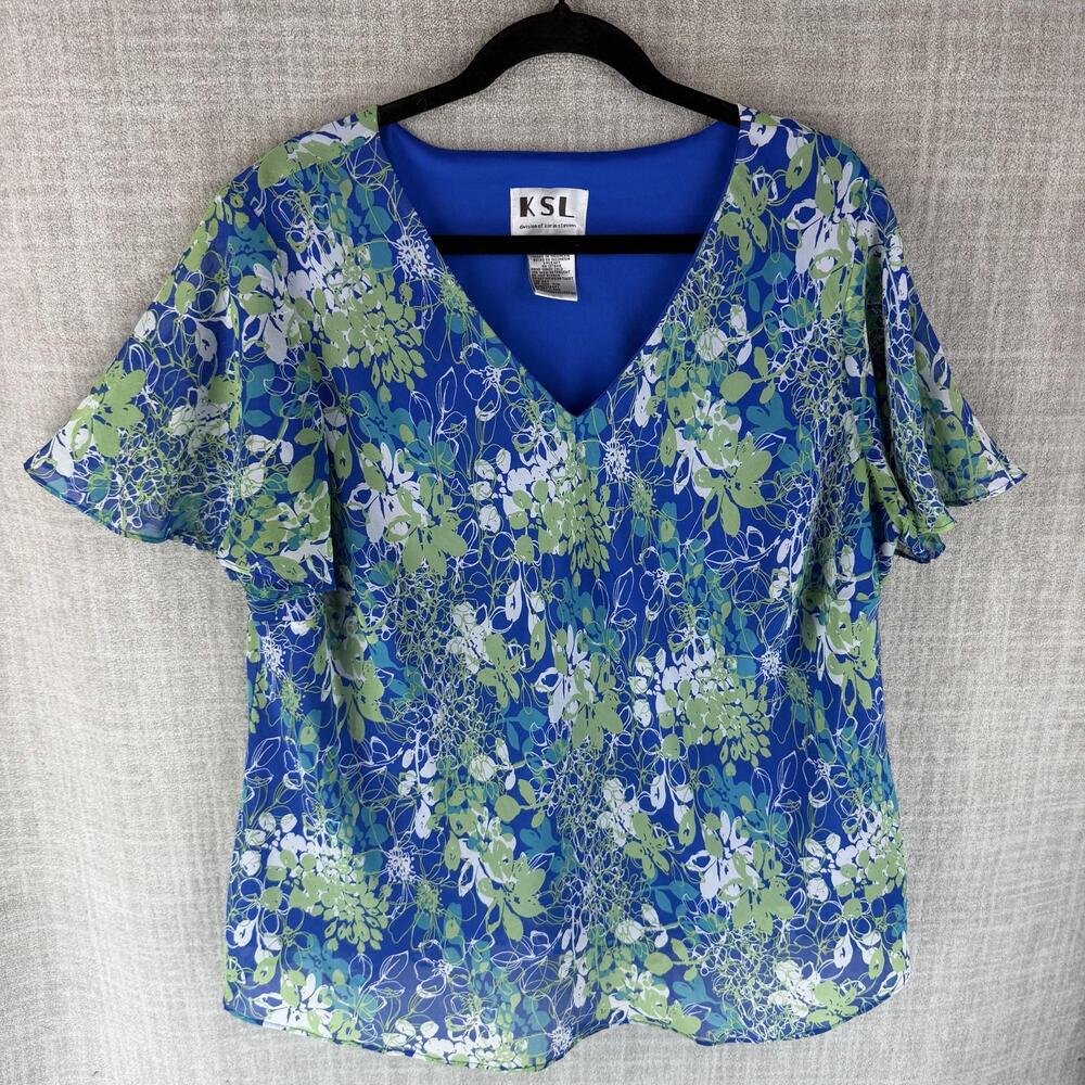 KSl Blouse Womens 20W Blue Kimono V-Neck Short Sleeve Lined Chiffon Floral